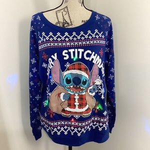 Disney Women’s Blue Holiday Sweater With Blinking Lights on Stitch & Snowflakes
